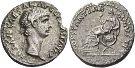 Claudius, 41 – 54. Denarius 41-42, AR 3.42 g. Laureate head r. Rev. Constantia seated l. on curule chair, r. hand raised and feet on stool. C 16. RIC ...