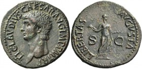 Claudius, 41 – 54. As circa 41-50, Æ 11.30 g. Bare head of Claudius l. Rev. Libertas standing facing, head r., holding pileus and l. hand extended. C ...