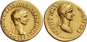 Claudius, 41 – 54. Aureus 50-54, AV 7.49 g. Laureate head of Claudius r. Rev. Draped bust of Agrippina r., wearing barley wreath. C 3. RIC 80. Calicó ...