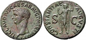 Claudius, 41 – 54. As circa 50-54, Æ 10.53 g. Bare head l. Rev. Constantia, helmeted and in military attire, standing l., l. hand raised, holding long...
