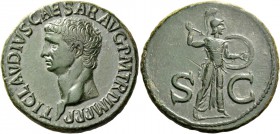 Claudius, 41 – 54. As 50-54, Æ 11.65 g. Bare head l. Rev. Minerva, helmeted, standing r., holding shield and hurling javelin. C 84. RIC 116. Lovely en...