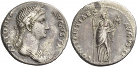 In the name of Antonia, wife of Nero Claudius Drusus and mother of Claudius. Denarius 41-45, AR 3.67 g. Draped bust r., wearing barley-wreath. Rev. An...
