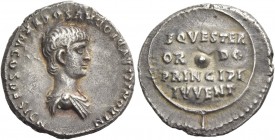 Nero caesar, 50-54. Denarius 50-54, AR 3.66 g. Bare-headed, draped and cuirassed bust r. Rev. EQVESTER / OR – DO / PRINCIPI / IVVENT on shield with ve...