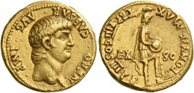 Nero augustus, 54 – 68. Aureus 61-62, AV 7.75 g. Bare head r. Rev. Roma, helmeted and in military attire, standing r., inscribing round shield held on...