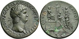 Nero augustus, 54 – 68. Sestertius circa 64, Æ 26.47 g. Laureate bust r., wearing aegis on l. shoulder. Rev. Nero, bare-headed and togate, seated r., ...