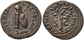 Nero augustus, 54 – 68. Quadrans circa 64, Æ 2.41 g. Helmet set r. on column against which leans shield bearing gorgoneion; behind, spear. Rev. Branch...