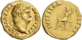 Nero augustus, 54 – 68. Aureus 64-65, AV 7.36 g. Laureate head r. Rev. Jupiter seated l. on throne, holding thunderbolt and long sceptre. C 118. RIC 5...