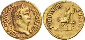 Nero augustus, 54 – 68. Aureus 64-65, AV 7.30 g. Laureate head r. Rev. Jupiter seated l. on throne, holding thunderbolt and long sceptre. C 118. RIC 5...