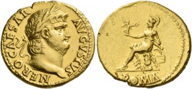 Nero augustus, 54 – 68. Aureus circa 64-65, AV 7.13 g. Laureate head r. Rev. Roma seated l. on cuirass, holding Victory in r. hand in r. hand and para...