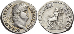 Nero augustus, 54 – 68. Denarius circa 64-65, AR 3.45 g. Laureate head r. Rev. Jupiter seated l., holding thunderbolt and sceptre. C 119. RIC 53. Ligh...