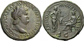 Nero augustus, 54 – 68. Sestertius, Lugdunum circa 65, Æ 28.88 g. Laureate head r., with globe at point of neck. Rev. Ceres, veiled and draped, seated...