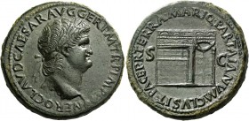 Nero augustus, 54 – 68. Sestertius circa 65, Æ 24.98 g. Laureate head r., with globe at point of bust. Rev. View of the temple of Janus, door to r., d...