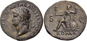 Nero augustus, 54 – 68. Sestertius circa 65, Æ 27.87 g. Laureate head l. Rev. Roma seated l. on cuirass, holding Victory and sceptre; at her side, shi...