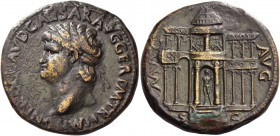 Nero augustus, 54 – 68. As, Lugdunum circa 65, Æ 15.03 g. Laureate head l., with globe at point of neck. Rev. Frontal view of the Macellum Magnum flan...