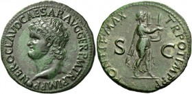 Nero augustus, 54 – 68. As, Lugdunum circa 65, Æ 9.97 g. Radiate head l. with globe at point of bust. Rev. Nero as Apollo Chitharoedus, laureate and i...