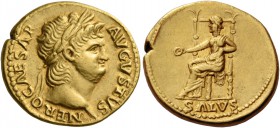 Nero augustus, 54 – 68. Aureus circa 65-66, AV 7.23 g. Laureate head r. Rev. Salus seated l. on throne, holding patera in r. hand and resting l. at he...