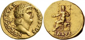 Nero augustus, 54 – 68. Aureus circa 65-66, AV 7.29 g. Laureate head r. Rev. Salus seated l. on throne, holding patera in r. hand and resting l. at he...