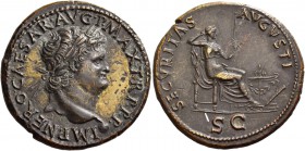 Nero augustus, 54 – 68. Dupondius, Lugdunum circa 66, Æ 13.50 g. Laureate head r., with globe at point of neck. Rev. Securitas seated r., holding in l...