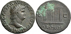 Nero augustus, 54 – 68. As, Lugdunum circa 66, Æ 10.90 g. Bare head r., with globe at point of neck. Rev. Ara Pacis. C 29. RIC 526. Green encrustation...
