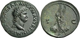 Nero augustus, 54 – 68. As, Lugdunum circa 67, Æ 11.14 g. Bare head r., with globe at point of bust. Rev. Victory flying l., holding shield inscribed ...