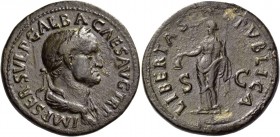 Galba, 68 – 69. Sestertius late summer 68, Æ 25.40 g. Laureate and draped bust r. Rev. Libertas standing l., holding pileus and sceptre. C 130. RIC 30...