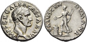 Galba, 68 – 69. Denarius July 68-January 69, AR 3.45 g. Bare head r. Rev. Female figure advancing l., sacrificing over altar and holding rudder. C 237...