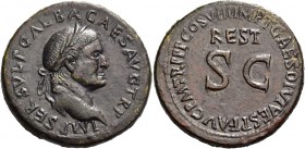 Galba, 68 – 69. Divus Galba. Sestertius 80-81, Æ 25.51 g. Laureate head r. Rev. Legend around REST S C. C 350. RIC Titus 421. Very rare. Heavily toole...