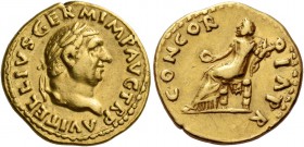 Vitellius, January – December 69. Aureus 69, AV 7.29 g. Laureate head r. Rev. Concordia seated l., holding patera and cornucopiae. C 17. RIC 89. Calic...