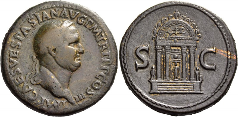Vespasian, 69 – 79. Sestertius 71, Æ 24.11 g. Laureate bust r. Rev. Front view o...