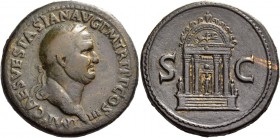 Vespasian, 69 – 79. Sestertius 71, Æ 24.11 g. Laureate bust r. Rev. Front view of temple of Isis. C 485 var. (VESPASIANVS). RIC 204. Extremely rare. A...