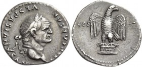 Vespasian, 69 – 79. Denarius 75, AR 3.43 g. Laureate head r. Rev. Eagle standing on cippus, head r. C 113 var. RIC 1st edition 89 var. (head l.) Old c...