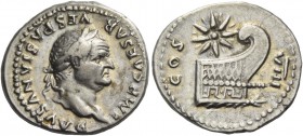 Vespasian, 69 – 79. Denarius 77-78, AR 3.43 g. Laureate head r. Rev. Prow r.; above, eight-pointed star. C 136. RIC 941. Light iridescent tone and goo...