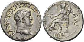 Titus, caesar 69 – 79. Denarius, Ephesus 71, AR 3.17 g. Laureate head r. Rev. Ceres seated l. on ornate high-backed chair holding corn ears and poppy ...