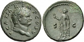 Titus, caesar 69 – 79. As 76, Æ 10.37 g. Laureate head with slight beard r. Rev. Spes standing l. holding flower in r. hand and raising skirt with l. ...