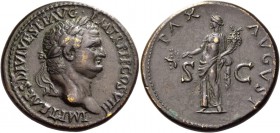 Titus augustus, 79 – 81. Sestertius 80-81, Æ 26.32 g. Laureate head r. Rev. Pax standing l., holding branch and cornucopiae. C 139. RIC 154. Rare. A b...