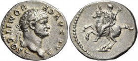 Domitian, caesar 69 - 81. Denarius 73, AR 3.17 g. Laureate head r. Rev. Domitian riding on horse rearing l., holding sceptre in l. hand and raising r....