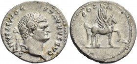 Domitian, caesar 69 - 81. Denarius early 76-77 early, AR 3.46 g. Laureate head r. Rev. Pegasus advancing r. C 47. RIC Vespasian 921. Struck on a very ...