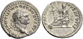 Domitian, caesar 69 - 81. Denarius 79, AR 3.23 g. Laureate and bearded head r. Rev. Vesta seated l. holding palladium in r. hand and sceptre in l. C 3...