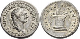 Domitian, caesar 69 - 81. Denarius 80-81, AR 3.45 g. Laureate head r. Rev. Garlanded and lighted altar. C 397. RIC Titus 266. Light iridescent tone an...