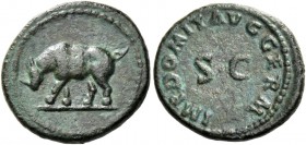 Domitian augustus, 81 – 96. Quadrans 84-85, Æ 2.74 g. Rhinoceros standing l. Rev. Legend around S C. C 674. RIC 250. Dark green patina and very fine E...