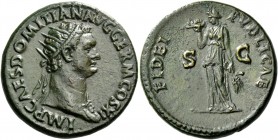 Domitian augustus, 81 – 96. Dupondius 85, Æ 12.55 g. Radiate bust r. with aegis. Rev. Fides standing l. holding corn ears in l. hand and plate of frui...