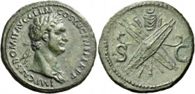 Domitian augustus, 81 – 96. As 86, Æ 10.32 g. Laureate bust r., with aegis on l. shoulder. Rev. S – C Pair of shields, spears and trumpets in saltire ...