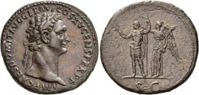 Domitian augustus, 81 – 96. Sestertius 90-91, Æ 27.19 g. Laureate head r. Rev. Domitian standing l., holding thunderbolt in r. hand and spear in l., c...