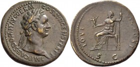 Domitian augustus, 81 – 96. Sestertius 95- 96, Æ 28.42 g. Laureate head r. Rev. Jupiter seated l., holding Victory in r. hand and spear in l. C 316. R...
