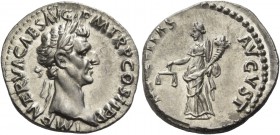 Nerva, 96-98. Denarius 96, AR 3.47 g. Laureate head r. Rev. Aequitas standing l., holding scales in r. hand and cornucopiae in l. C 3. RIC 1. Virtuall...