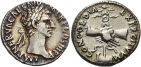 Nerva, 96-98. Denarius 96, AR 3.41 g. Laureate head r. Rev. Two clasped hands holding legionary standard set on prow l. C 29. RIC 15. Light iridescent...