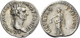 Nerva, 96-98. Denarius 96, AR 3.42 g. Laureate head r. Rev. Libertas standing l. holding pileus in r. hand and sceptre in l. C 106. RIC 7. Light iride...