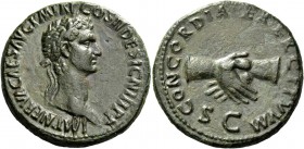 Nerva, 96-98. As 96, Æ 12.84 g. Laureate head r. Rev. Clasped r. hands. C 18. RIC 69. Green patina somewhat smoothed, otherwise good very fine Ex Gorn...