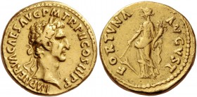 Nerva, 96-98. Aureus 97, AV 7.57 g. Laureate head r. Rev. Fortuna standing l., holding rudder in r. hand and cornucopiae in l. C 70. RIC 28. Calicó 96...
