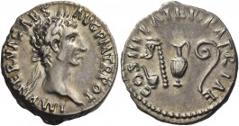 Nerva, 96-98. Denarius 97, AR 3.21 g. Laureate head r. Rev. Priestly emblems. C 48. RIC 24. Lovely iridescent tone and good very fine / about extremel...